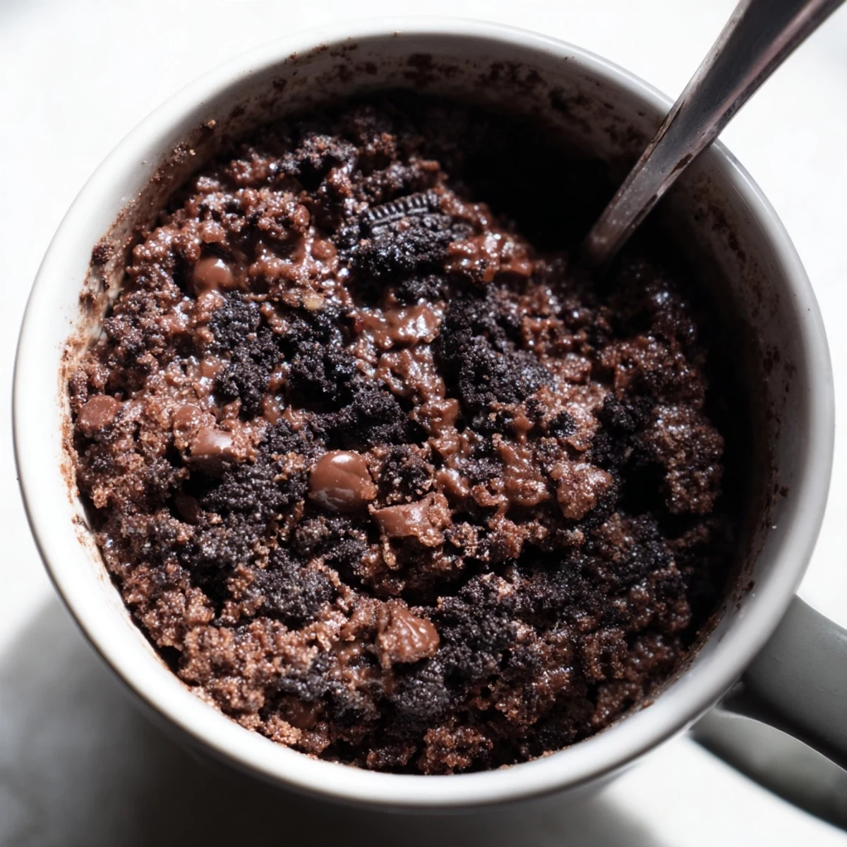 Steaming Oreo mug cake, a quick chocolate dessert, perfect for late-night cravings.
