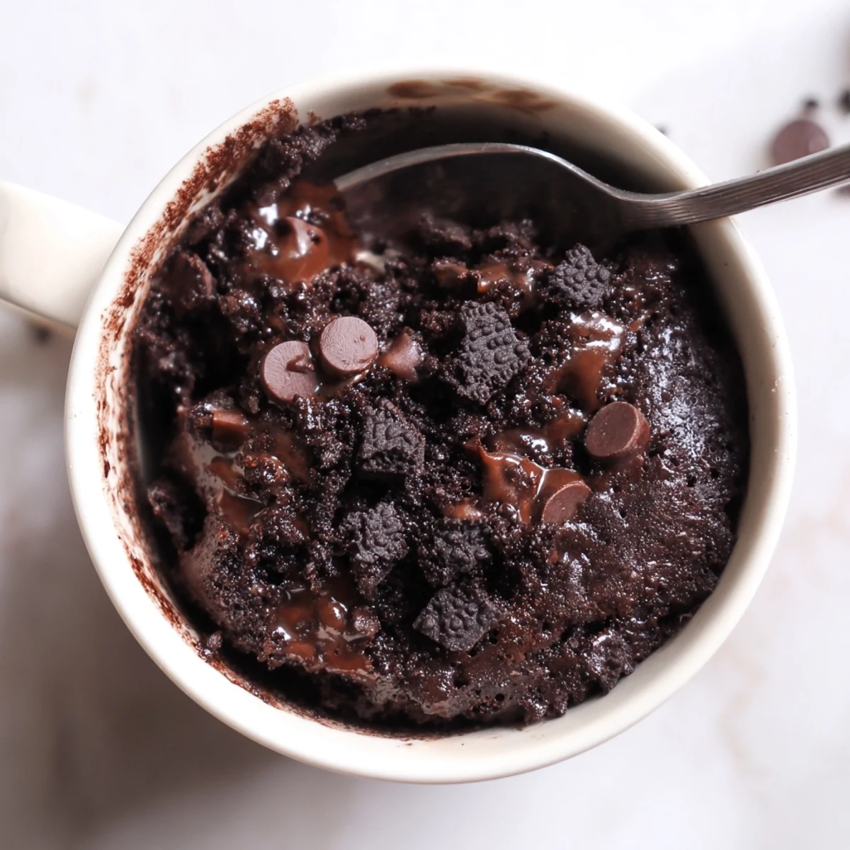 Freshly microwaved Oreo mug cake with a soft, chocolatey center, a quick dessert.