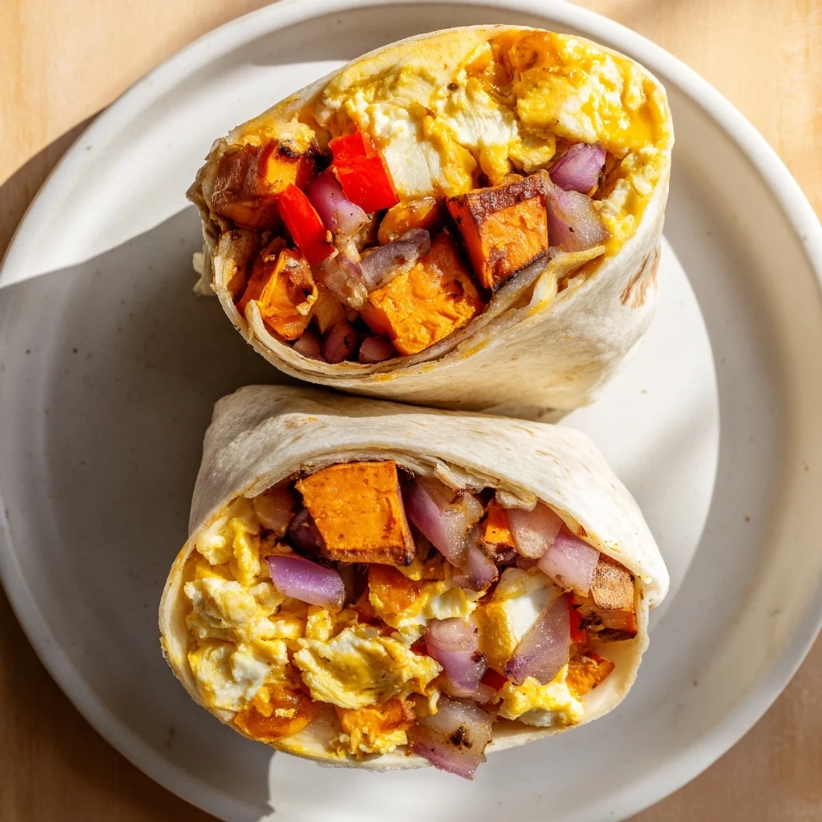 Golden-brown sweet potato breakfast burritos overflowing with creamy eggs and melted cheddar cheese, ready to eat.