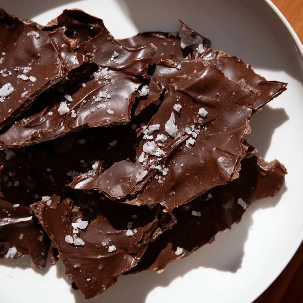 Close-up of decadent Chocolate Potato Chip Bark glistening with sea salt, a perfect dessert.