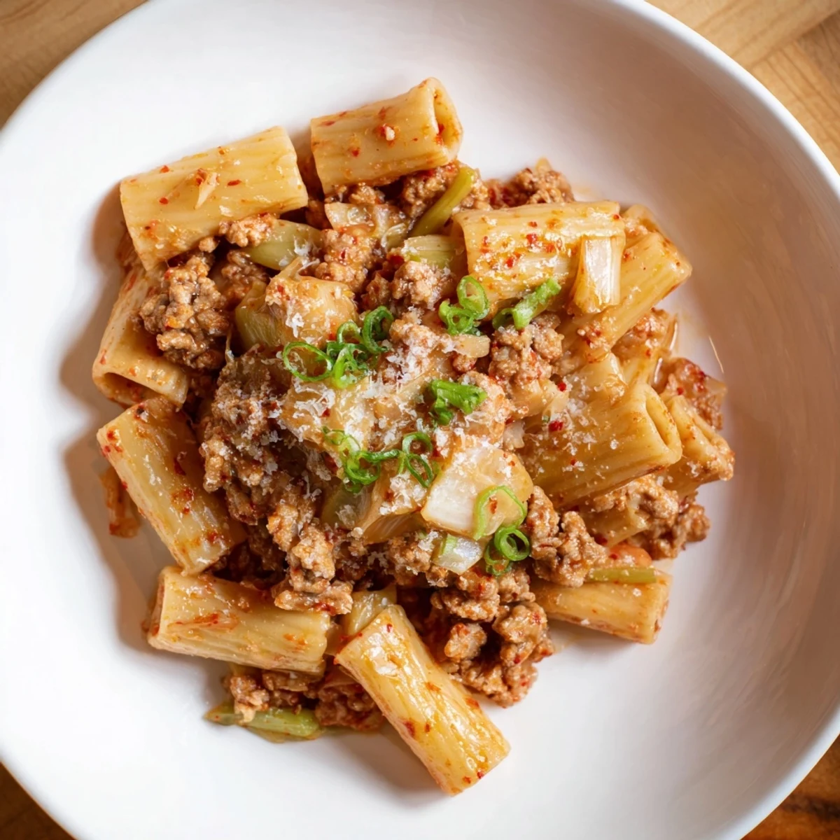 Steaming bowl of Chaos Cooking Kimchi Ragu Pasta, ready to serve with fresh green scallion garnish.