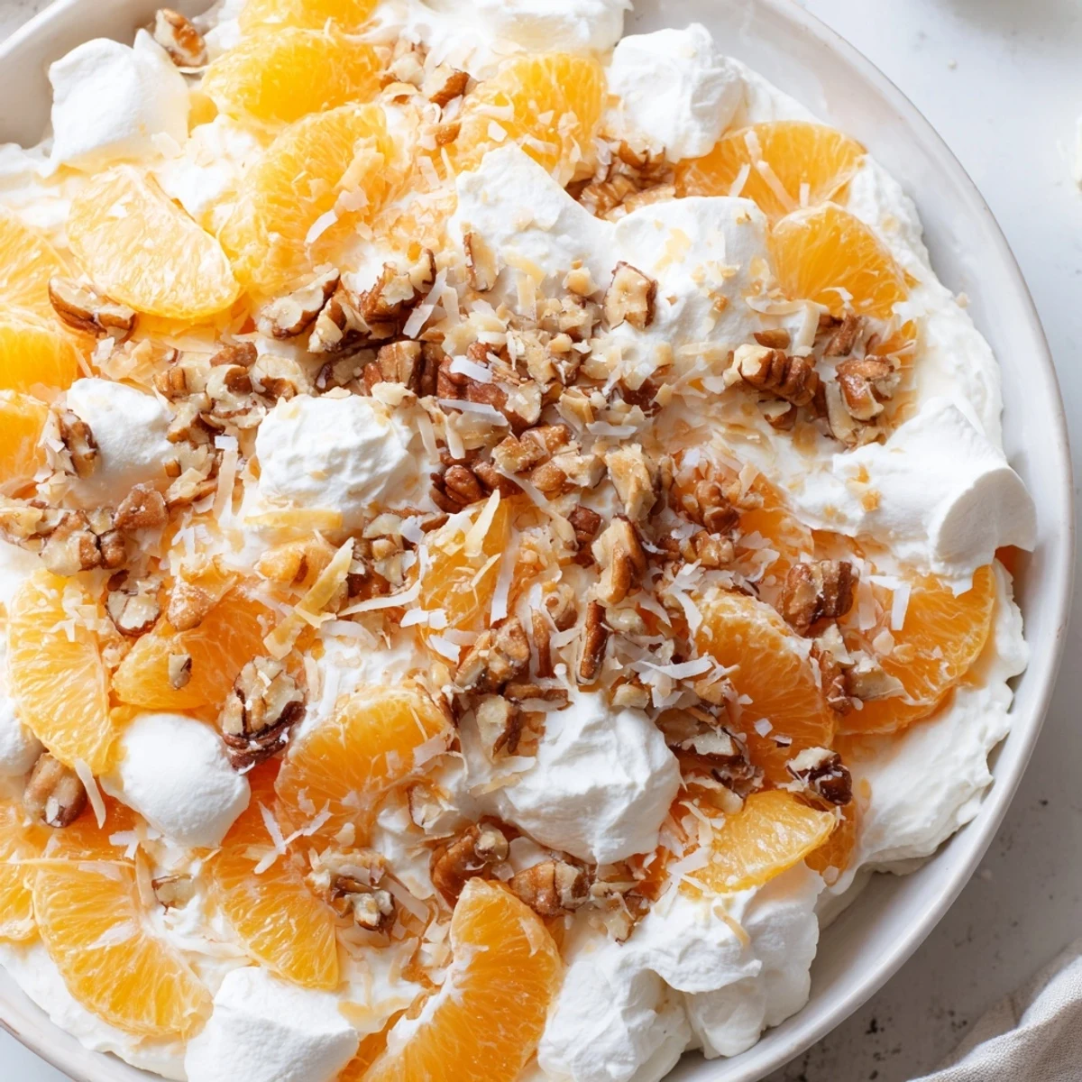 A bowl of Elevated Ambrosia Salad displays mandarin oranges, pecans, and whipped cream, ready to chill.