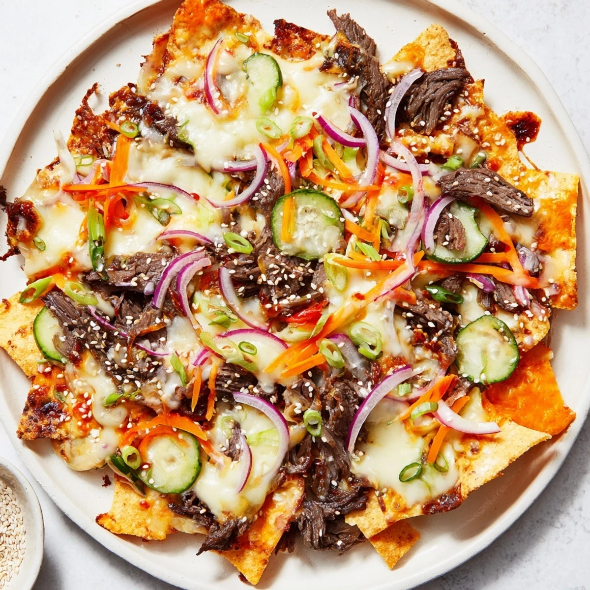 Melting cheese blankets gochujang-infused beef atop crispy chips to make these craveable Korean BBQ nachos.