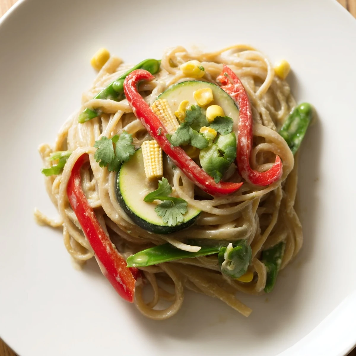 Steaming bowl of Thai Curry Pasta, with bright vegetables and creamy sauce, ready to eat.
