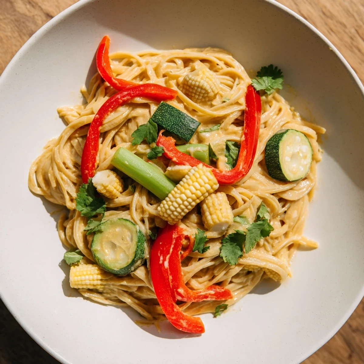 A delicious close-up of Thai Curry Pasta, with visible linguine and fresh cilantro garnish, flavorful and vibrant.