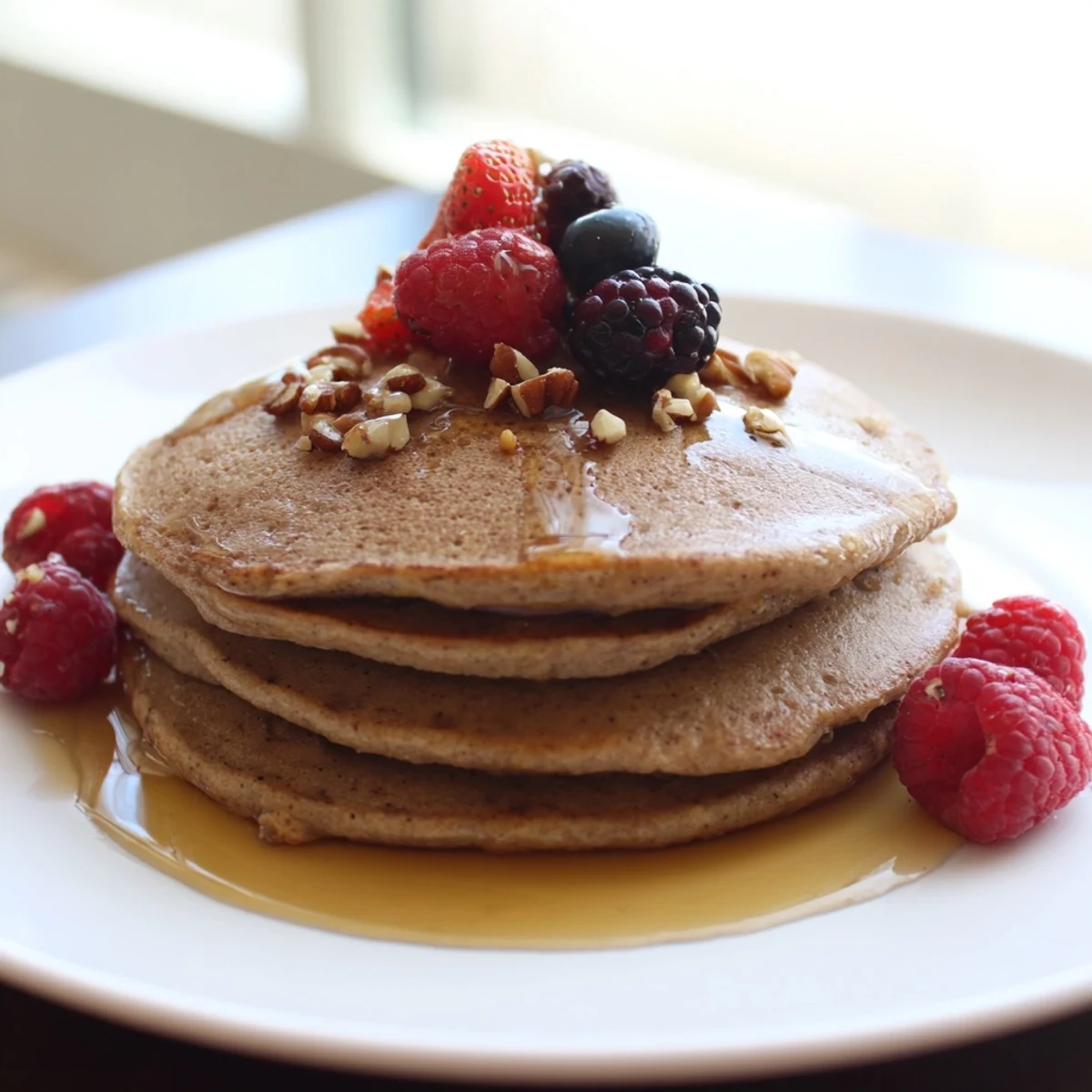 Fluffy brown banana pancakes, golden and ready, topped with fresh berries and maple syrup.