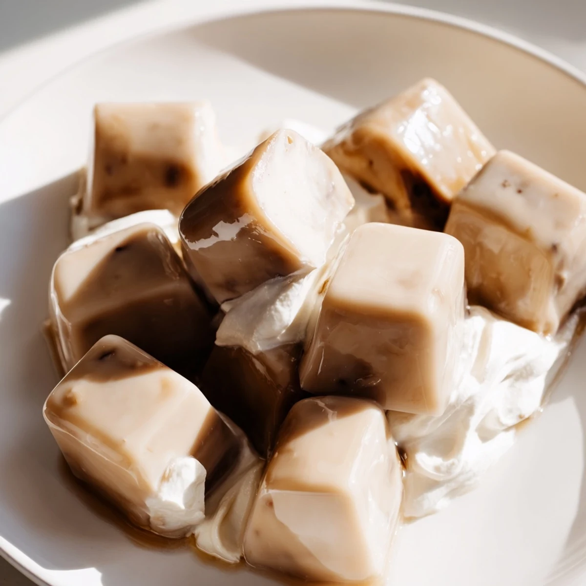 Cool, dark coffee jelly dessert with a dollop of sweetened cream, perfect for dessert tonight.