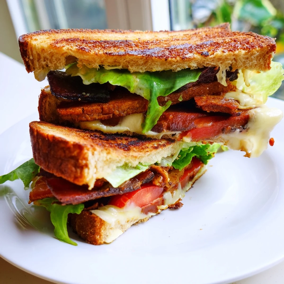 Golden-brown Vegan Bacon BLT Grilled Cheese oozing melty vegan cheese on a plate.