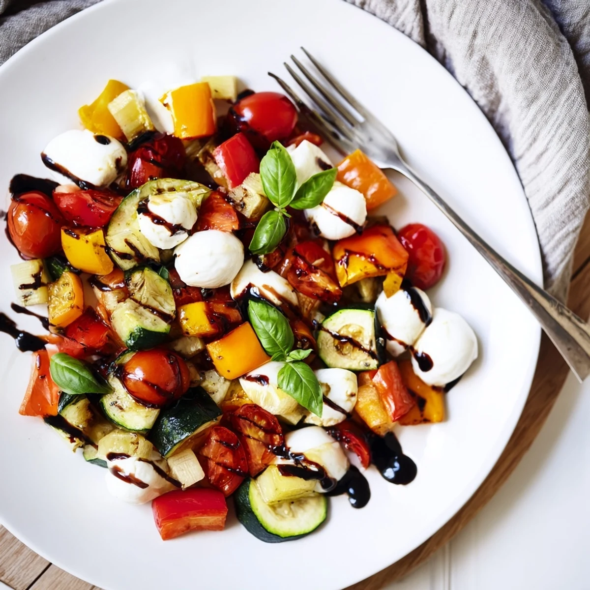 Golden roasted zucchini, bell peppers, and red onions are tossed with creamy mozzarella pearls in this vibrant Roasted Veggie Caprese Salad.