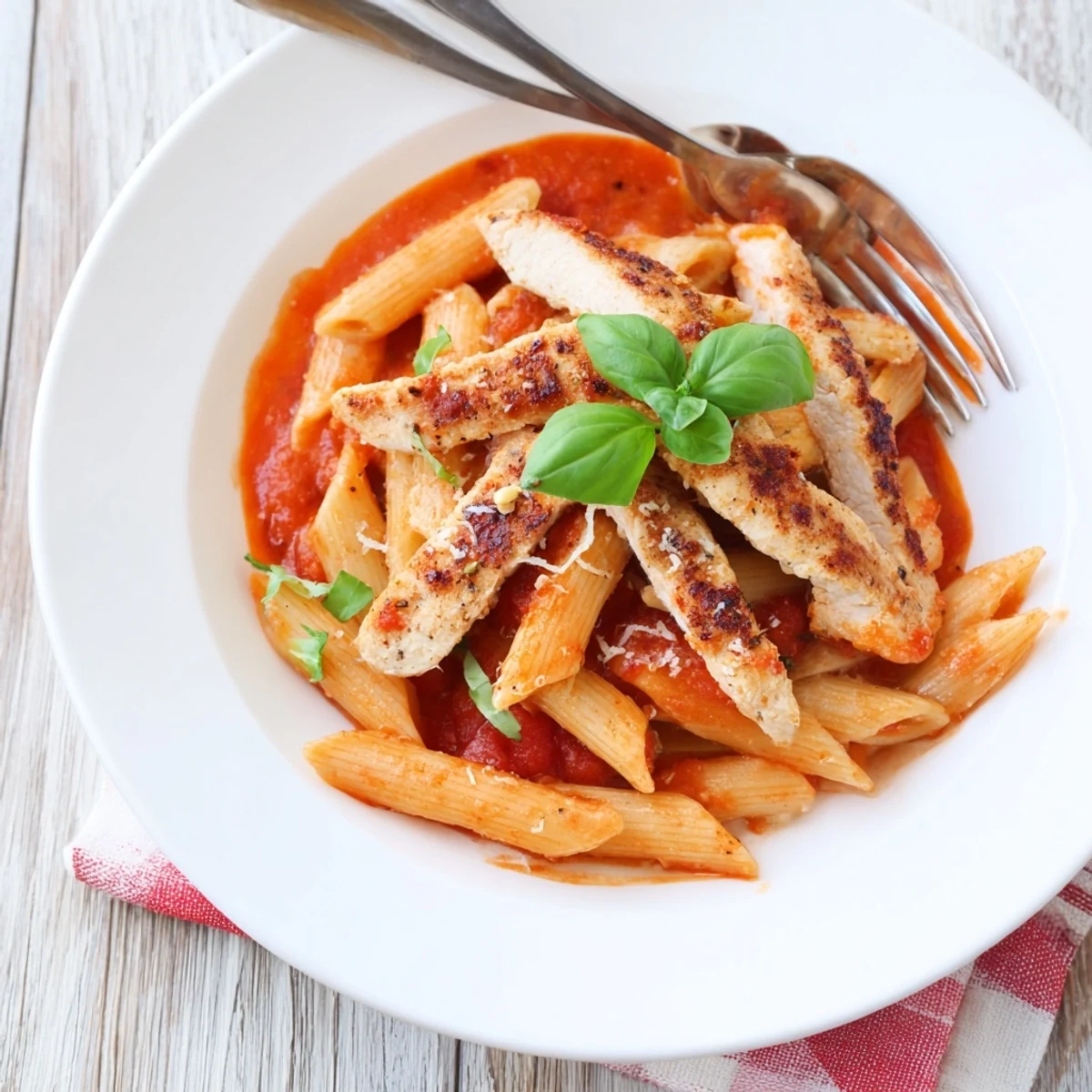 Penne pasta coated in zesty chili tomato sauce and topped with seared chicken strips, garnished with fresh basil and grated Parmesan cheese.