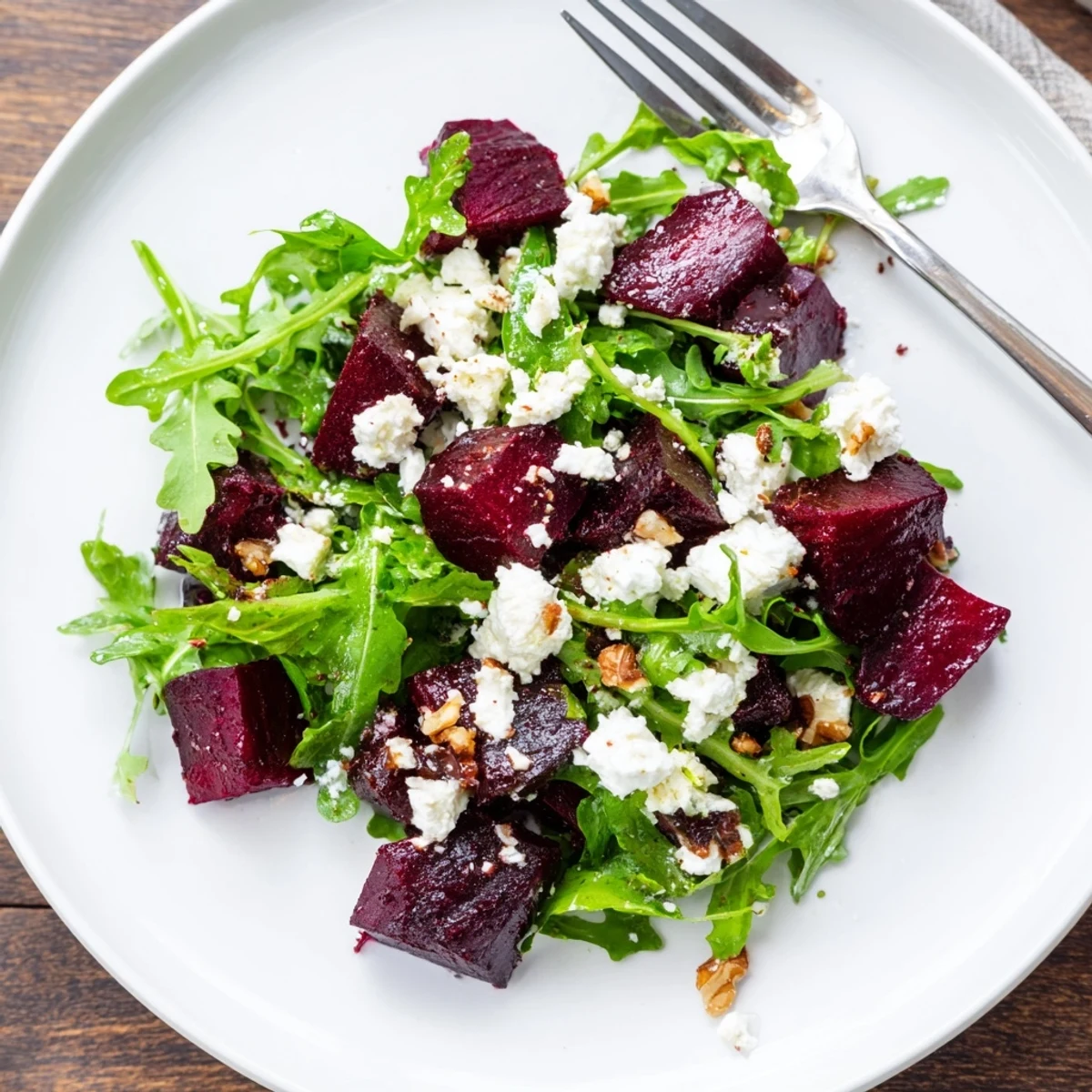 Roasted Beet Goat Cheese Salad plated with ruby-red beets, crumbled goat cheese, peppery arugula, and toasted walnuts.
