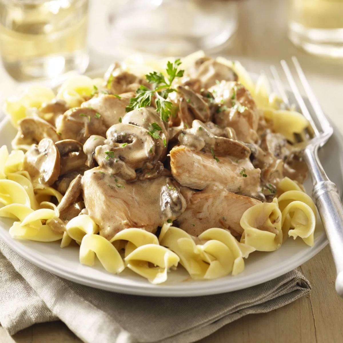 Comforting bowl of Chicken and Mushroom Stroganoff with juicy chicken pieces, sliced mushrooms, and a sprinkle of fresh parsley, perfect for a weeknight dinner.