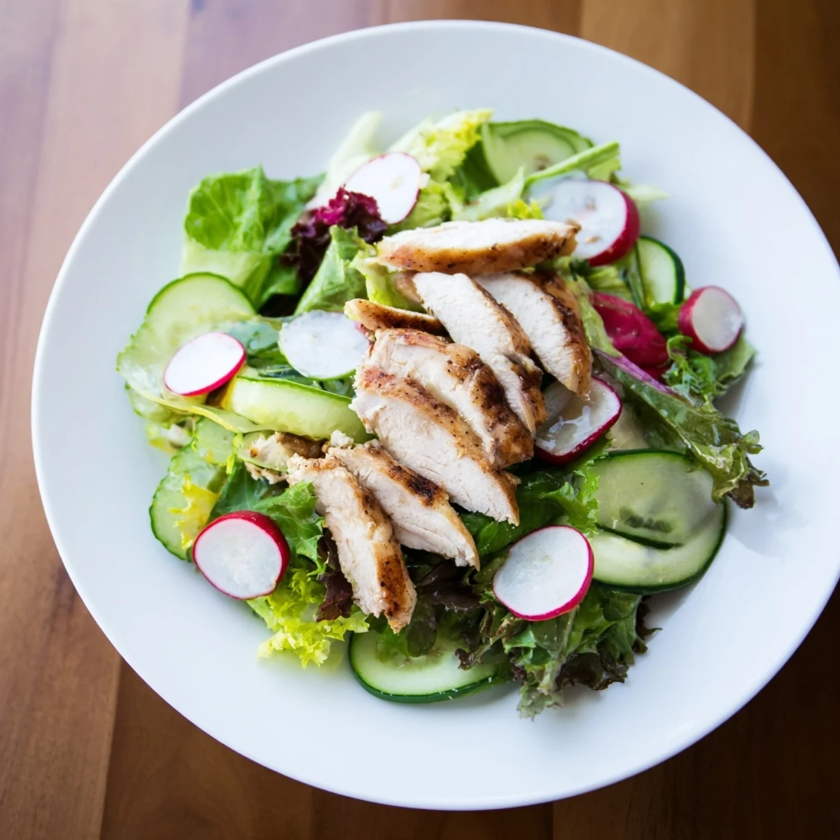 Tender grilled chicken tops a colorful bed of greens and sliced radishes in the Spring Detox Chicken Salad, glistening with zesty dressing.