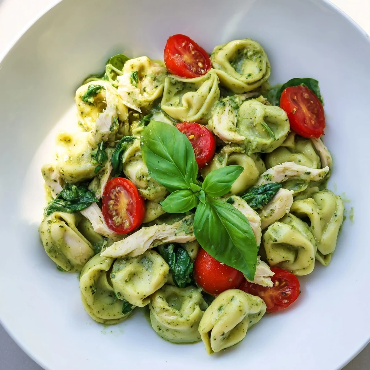 Creamy Pesto Tortellini Skillet features golden, bubbling sauce coating tender pasta and shredded chicken over baby spinach.  