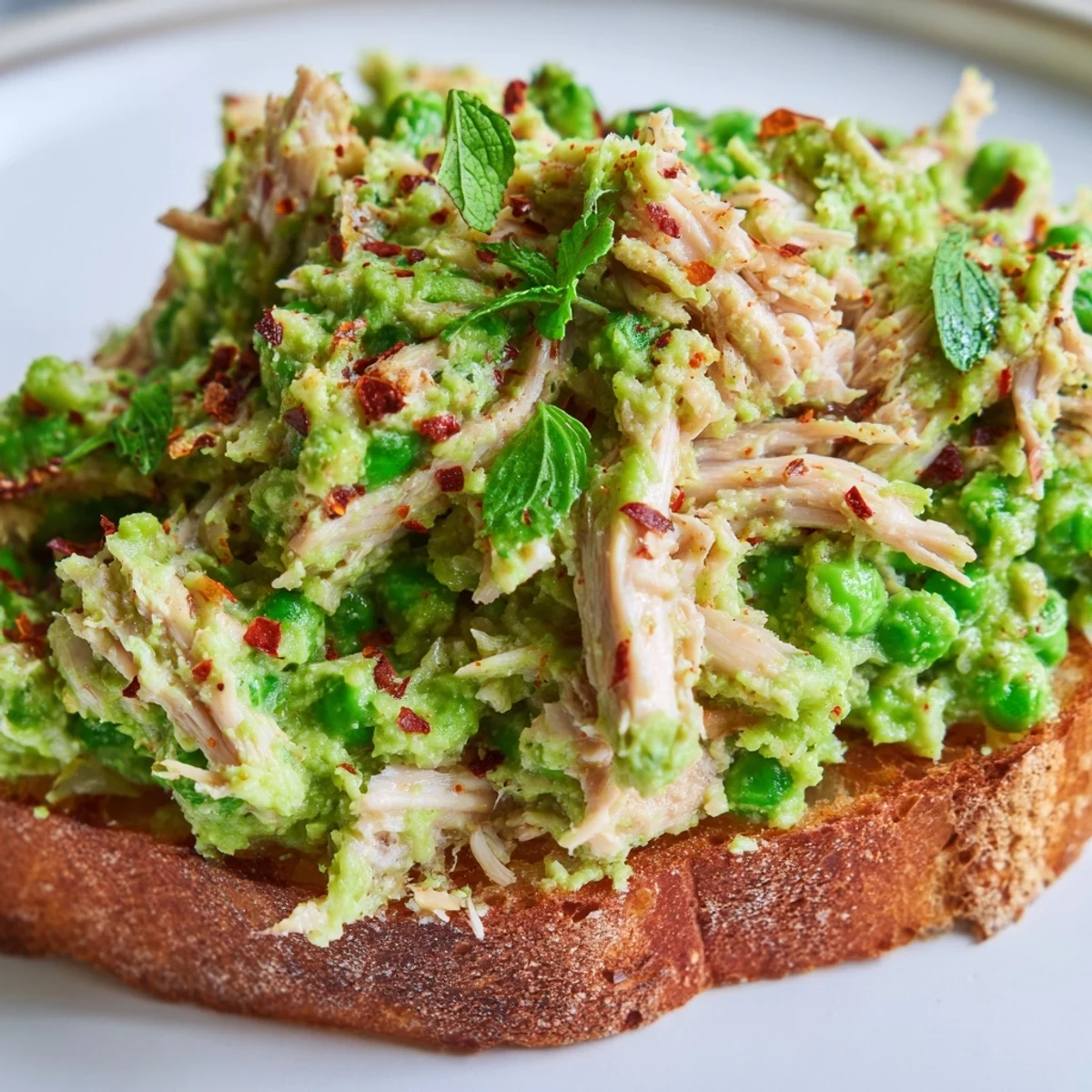 Golden toasted sourdough topped with creamy smashed peas, tender shredded chicken, chili flakes, and crumbled feta for a vibrant open-faced sandwich.  
