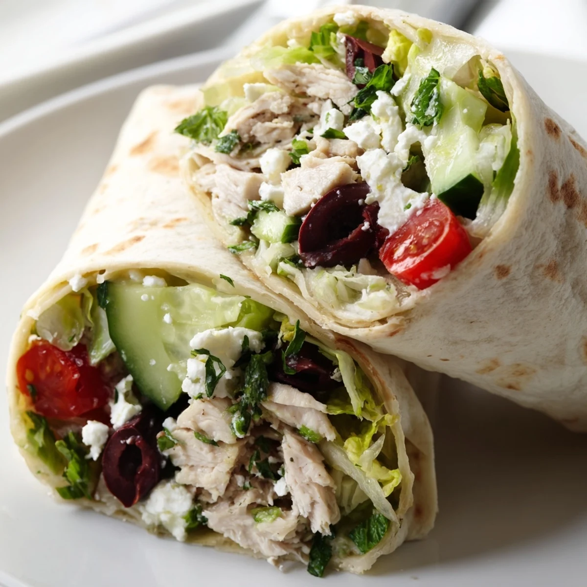 A close-up of a Greek Lemon Chicken Salad Wrap on a wooden board, showing juicy grilled chicken, bright red tomatoes, and crumbled feta cheese.  