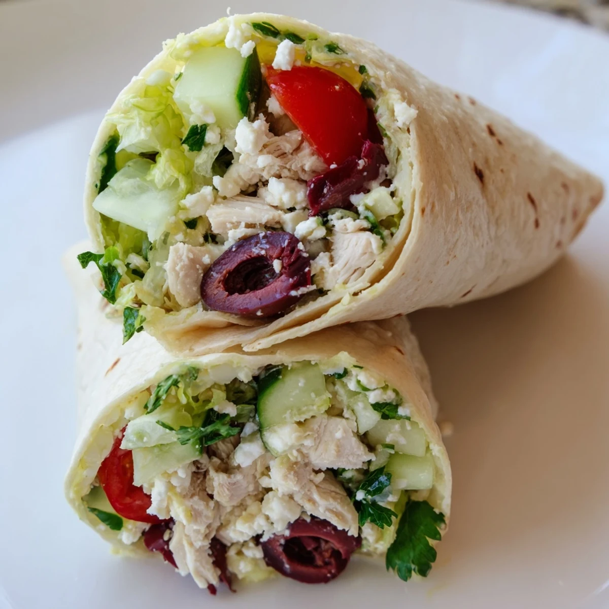 A vibrant Greek Lemon Chicken Salad Wrap sliced in half, revealing layers of tender lemon-marinated chicken and chopped Greek salad.