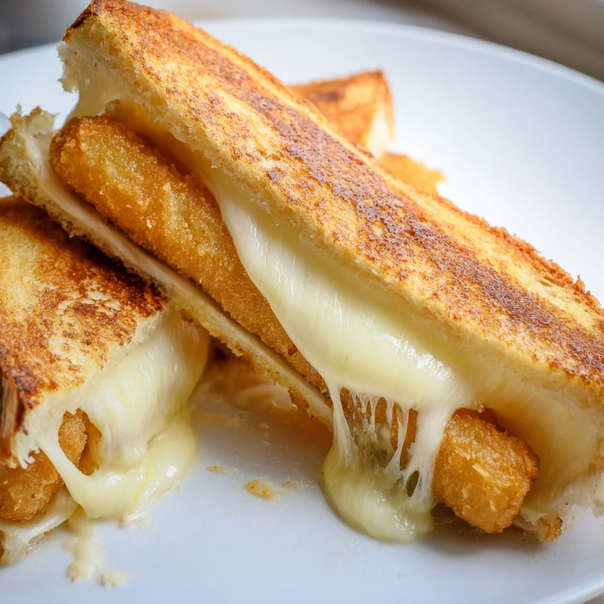 Decadent Mozzarella Stick Grilled Cheese on sourdough, cut diagonally and ready for dipping.