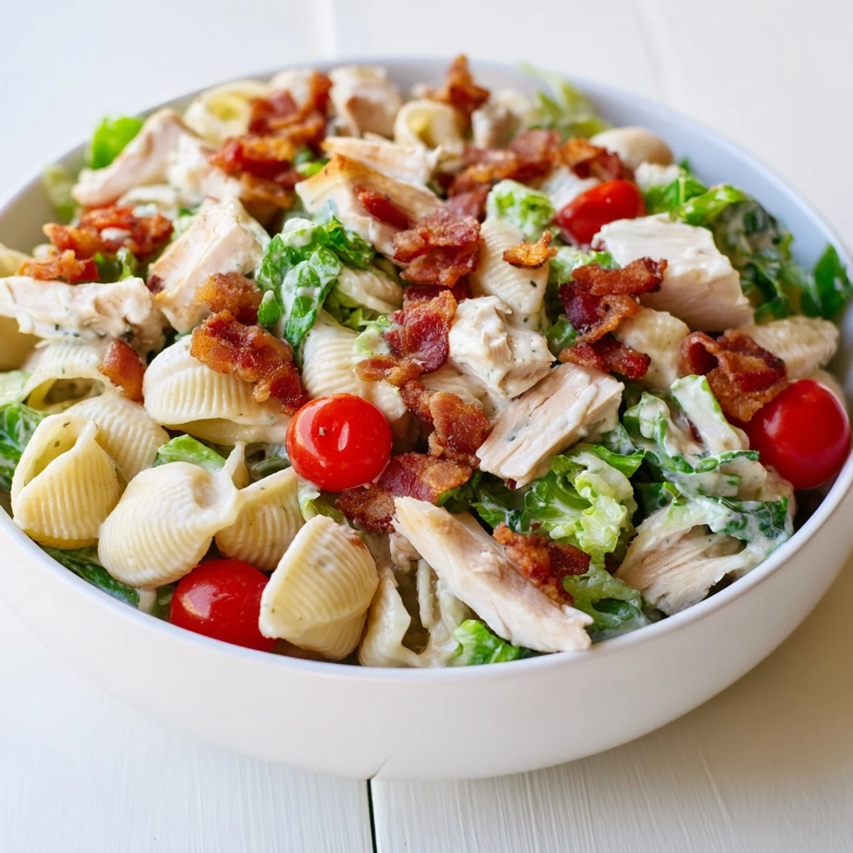 Freshly grilled chicken and crisp lettuce meet creamy dressing in this hearty BLT Chicken Pasta Salad, served in a white bowl with juicy tomatoes.