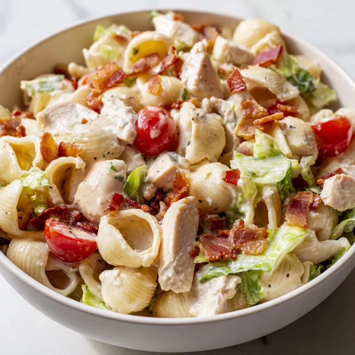 Overhead view of BLT Chicken Pasta Salad showcases diced grilled chicken, chopped romaine, and red onion tossed in a light, creamy dressing.