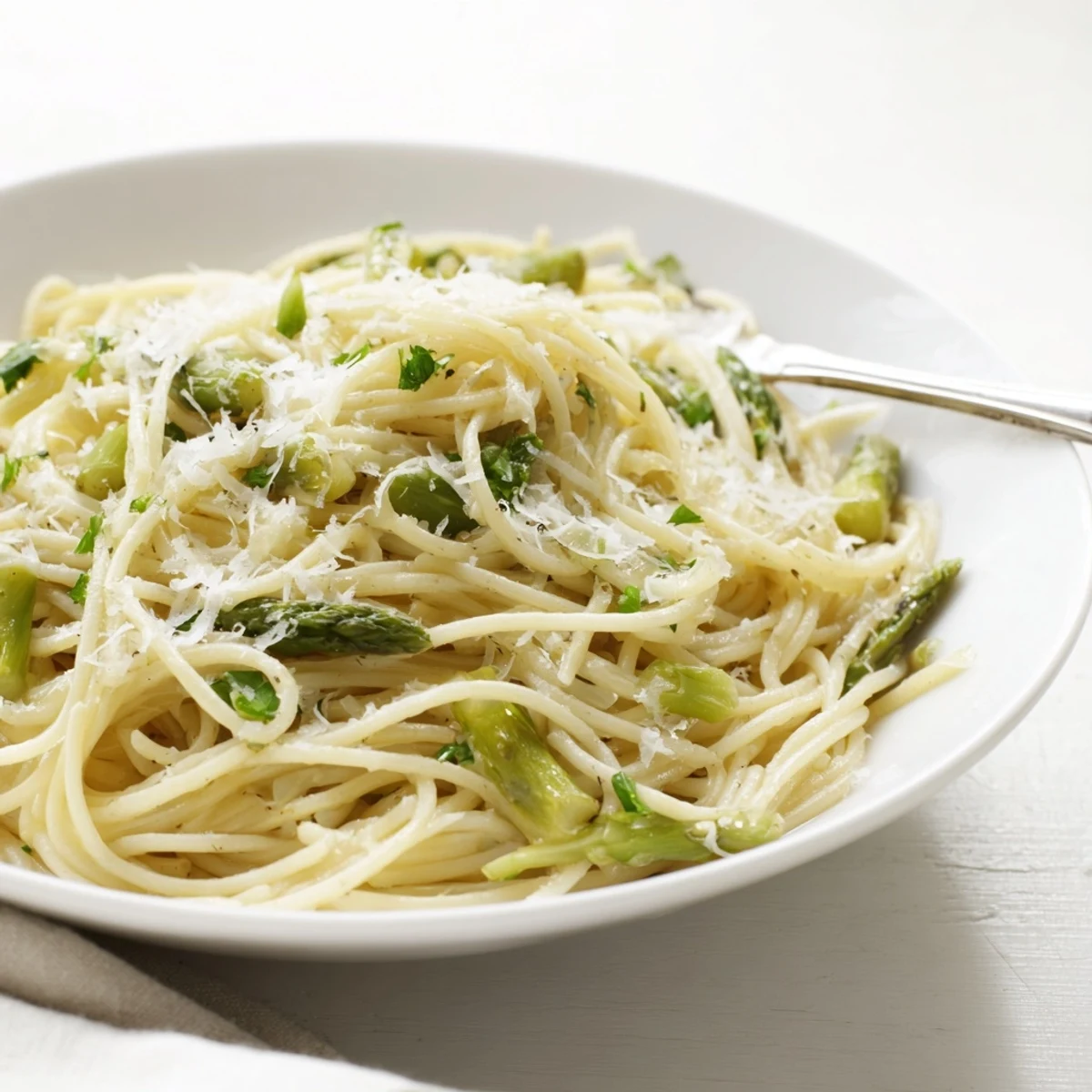 Golden roasted garlic and bright green asparagus nestled among strands of spaghetti in a skillet, topped with Parmesan and fresh parsley.