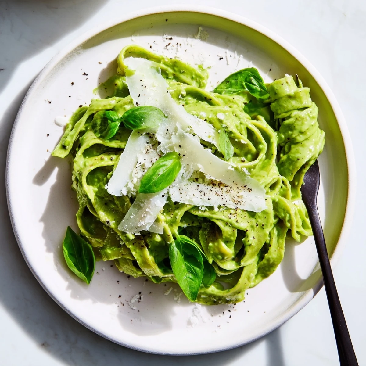 A fork twirling fettuccine with Creamy Green Pea Alfredo, with steam rising from the warm, comforting dish.