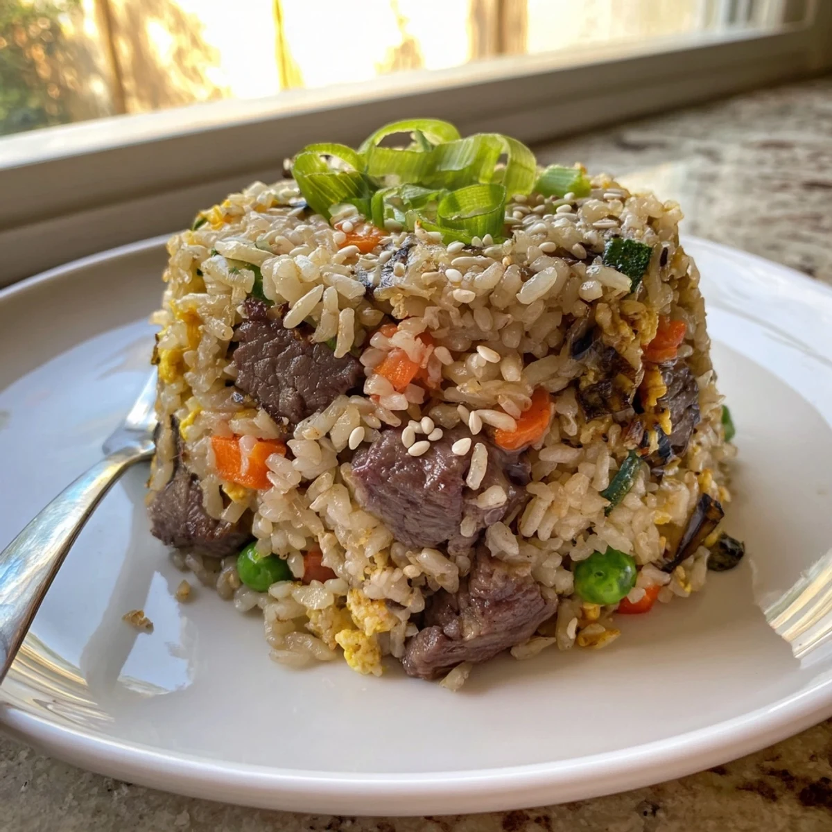Golden-brown steak cubes and colorful vegetables tossed with fluffy jasmine rice in a hibachi-style stir-fry.  