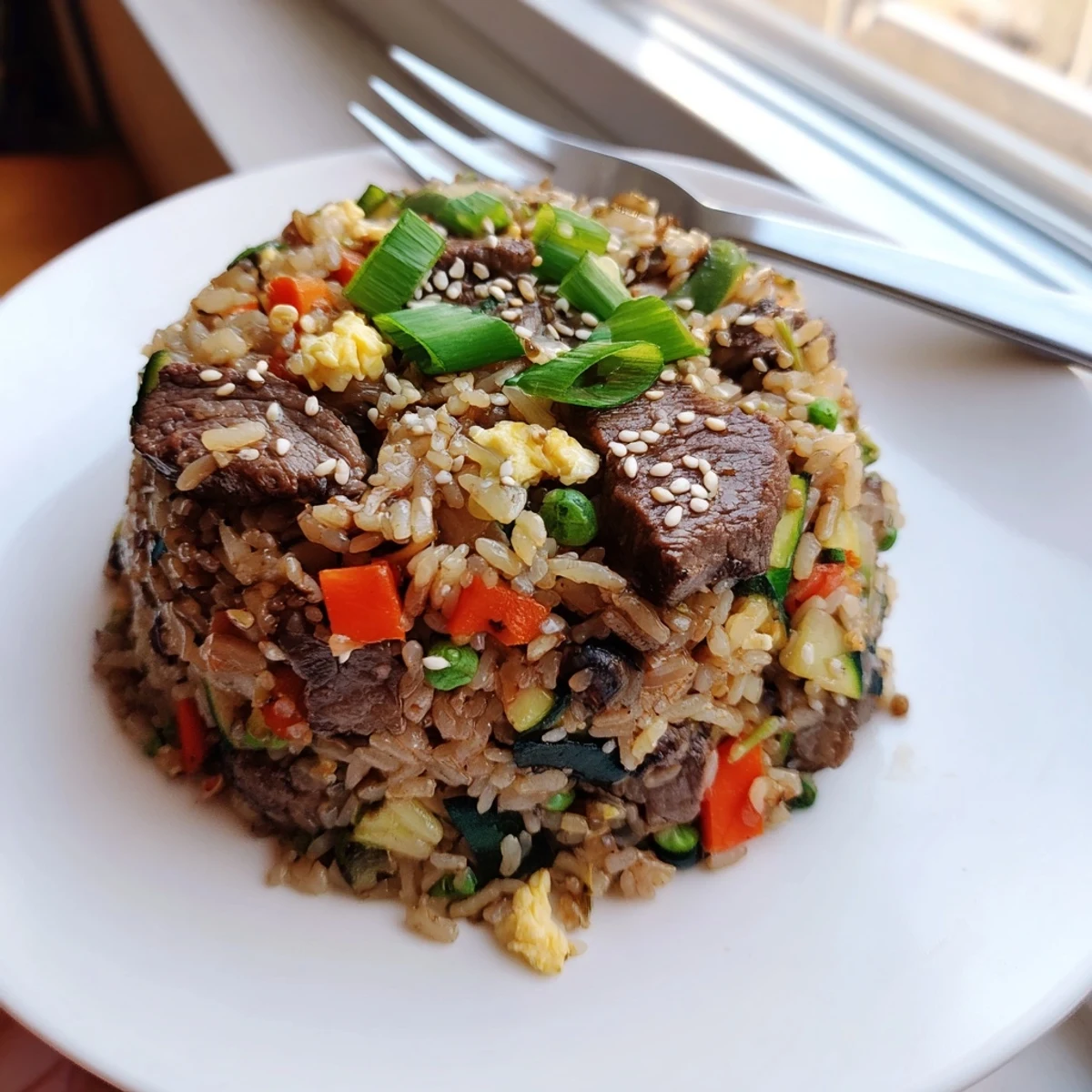 A sizzling skillet of Easy Hibachi Steak With Fried Rice, garnished with fresh green onions and sesame seeds.  