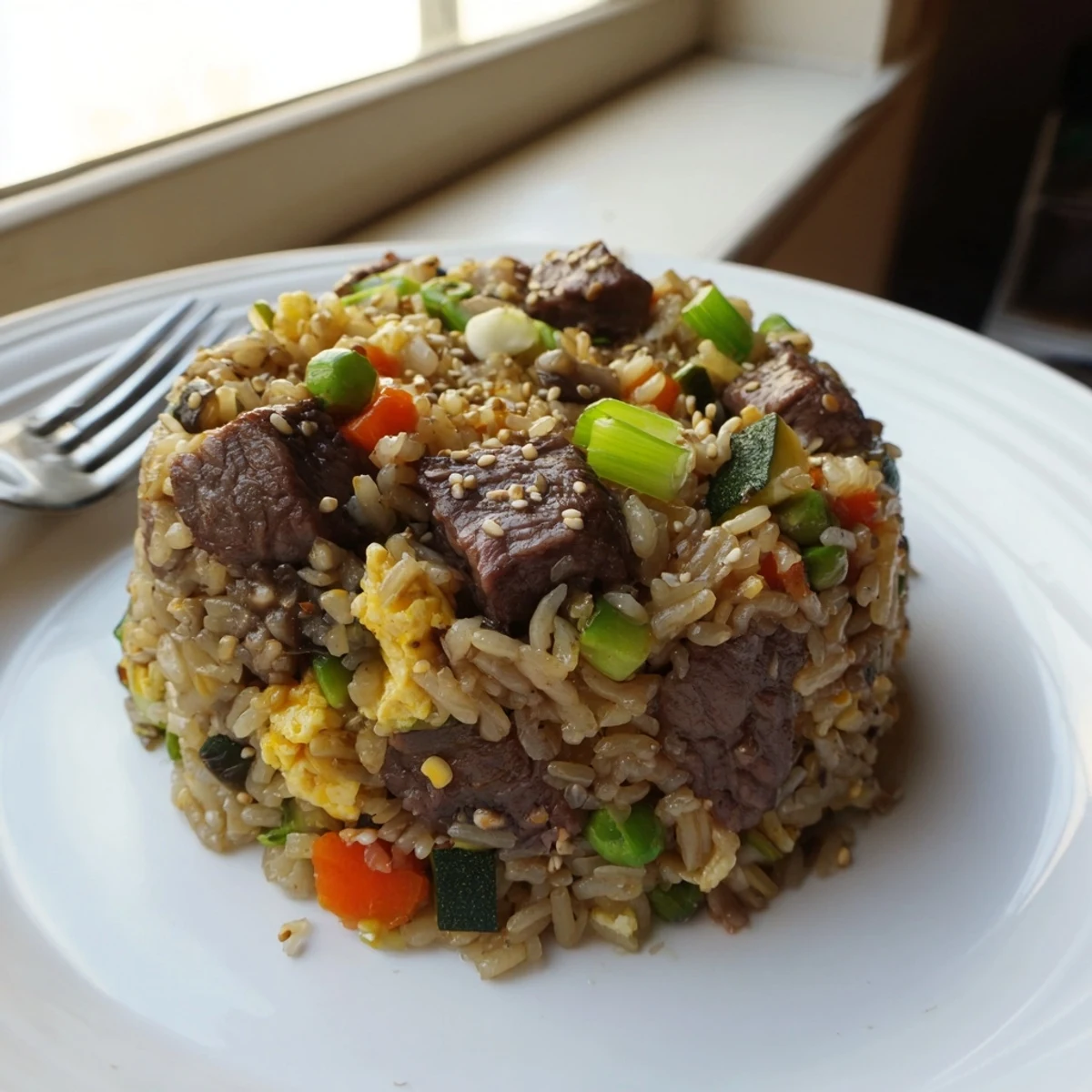 Easy Hibachi Steak With Fried Rice served family-style, featuring tender steak, crisp veggies, and savory egg ribbons.