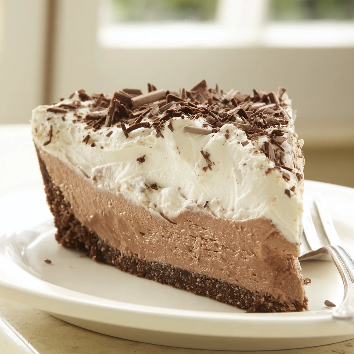 A close-up slice of Lighter Chocolate Cottage Cheese Cheesecake on a dessert plate, revealing a rich, creamy filling and a dark cocoa crust.  