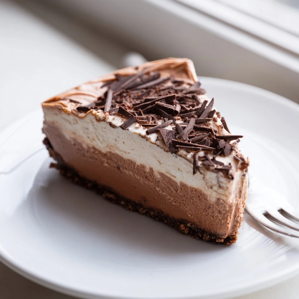 The whole Lighter Chocolate Cottage Cheese Cheesecake in a springform pan, garnished with dark chocolate shavings and a dollop of Greek yogurt.  