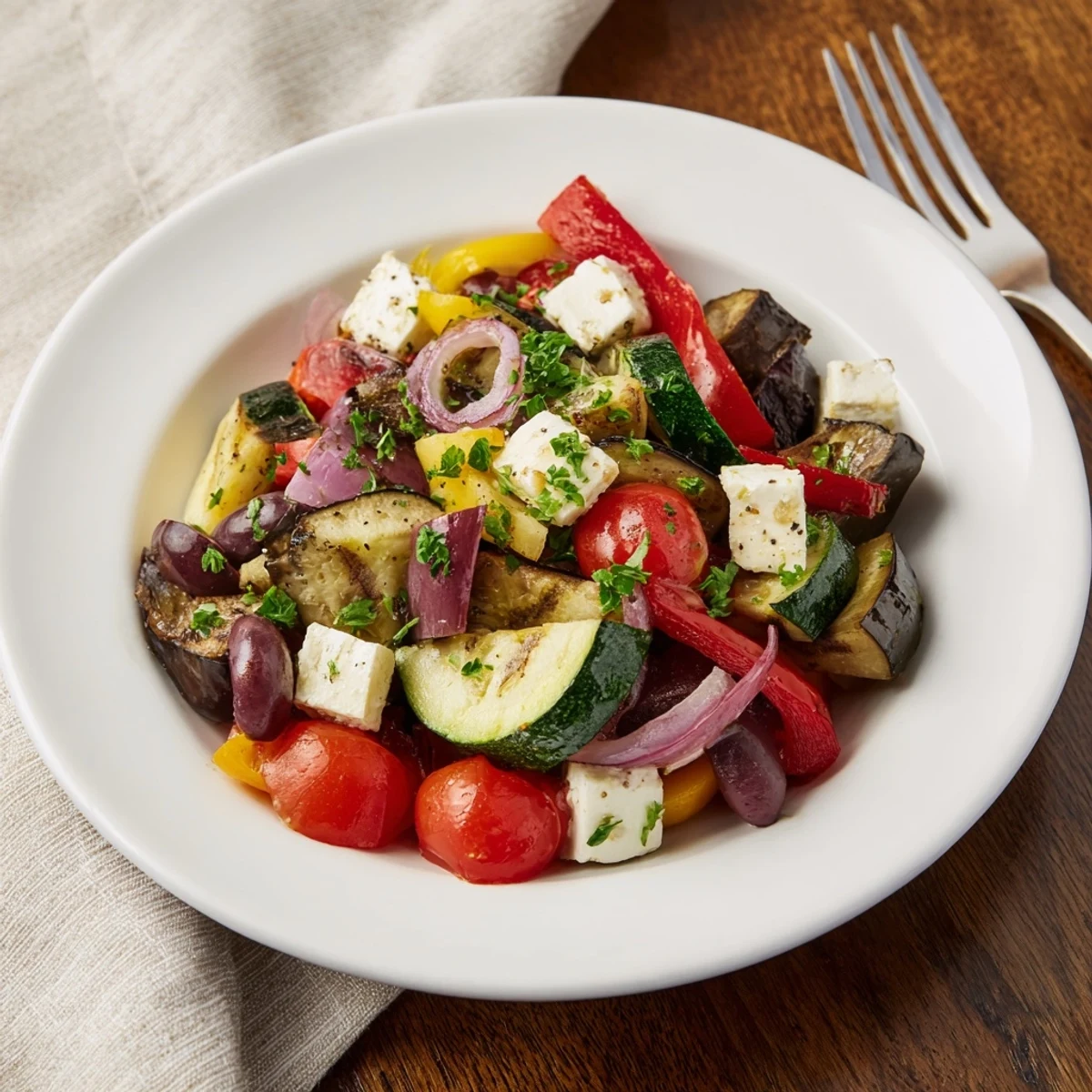 Warm roasted Greek salad on a platter, topped with creamy feta, fresh parsley, and vibrant cucumber.