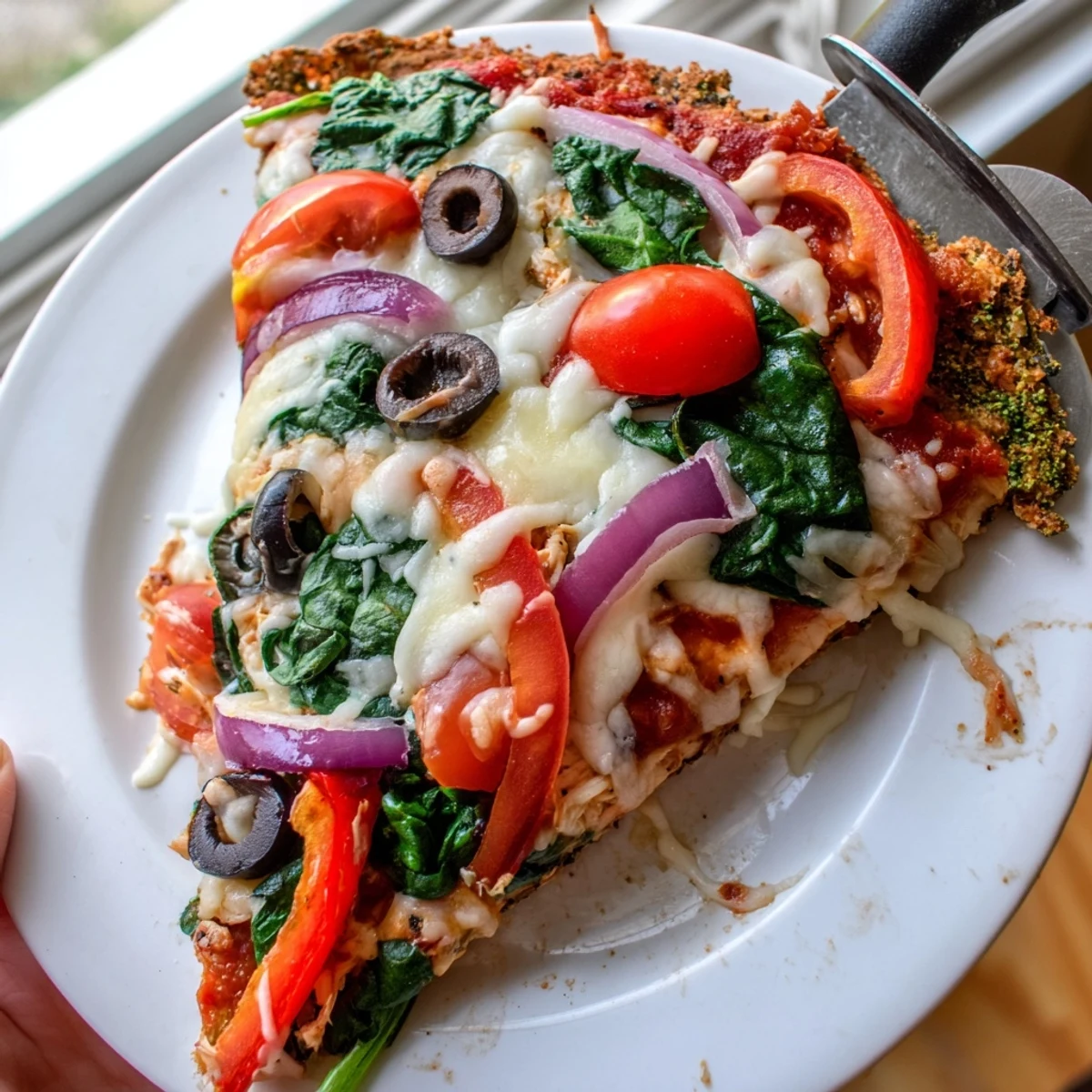Sliced Broccoli Chicken Crust Pizza on a wooden board with chili flakes and basil.