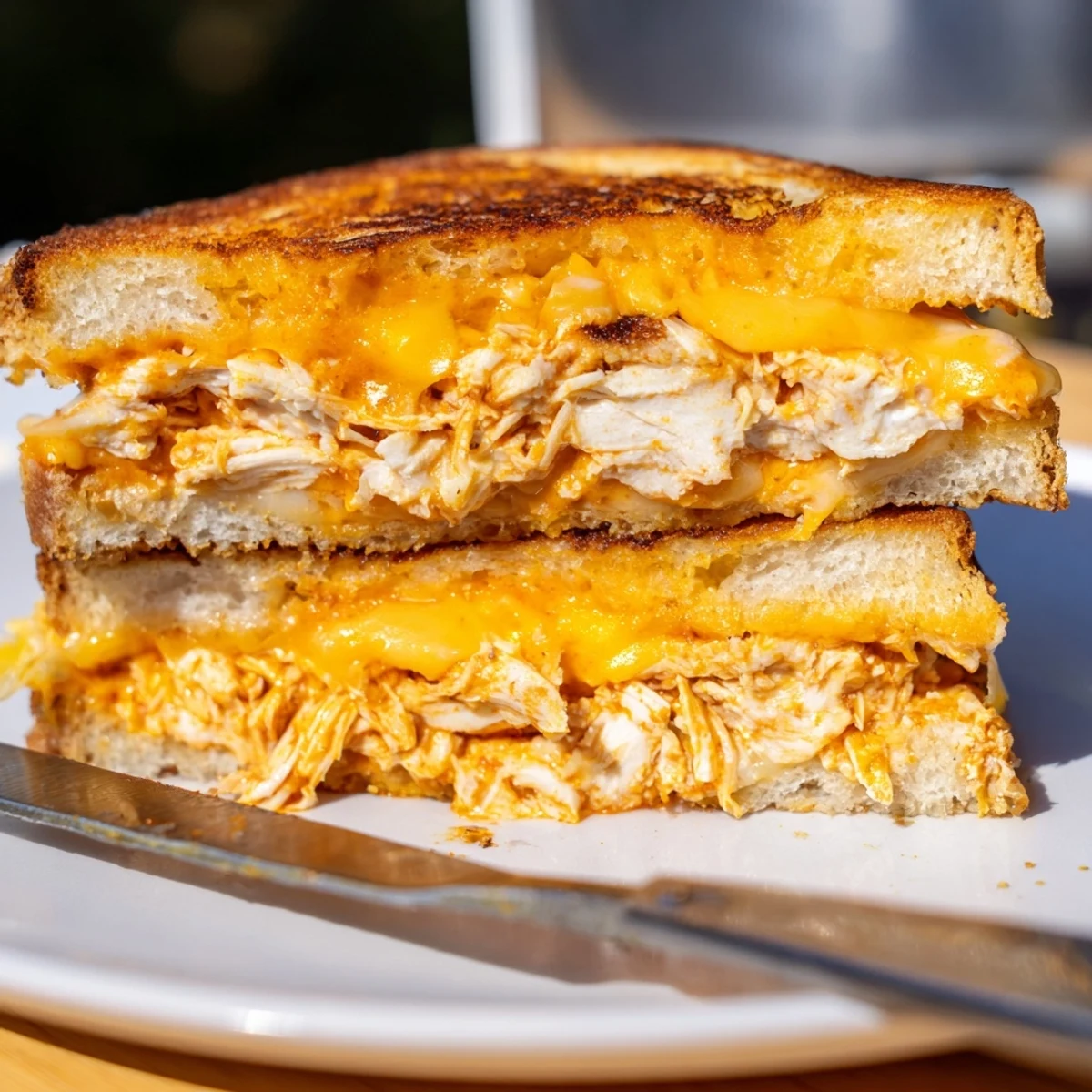 Buffalo Chicken Ranch Grilled Cheese served with celery sticks, a creamy dipping sauce, and a sprinkle of fresh green onions.