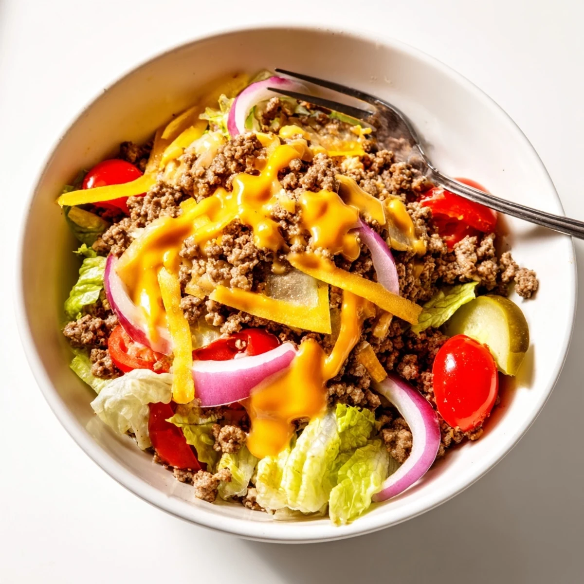 Serve this Easy Big Mac in a Bowl with ground beef, tomatoes, and onions for a quick, gluten-free family dinner.