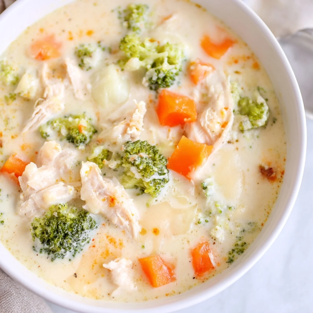Chicken Broccoli Cheddar Soup in a rustic bowl, ready to serve with a slice of crusty bread.