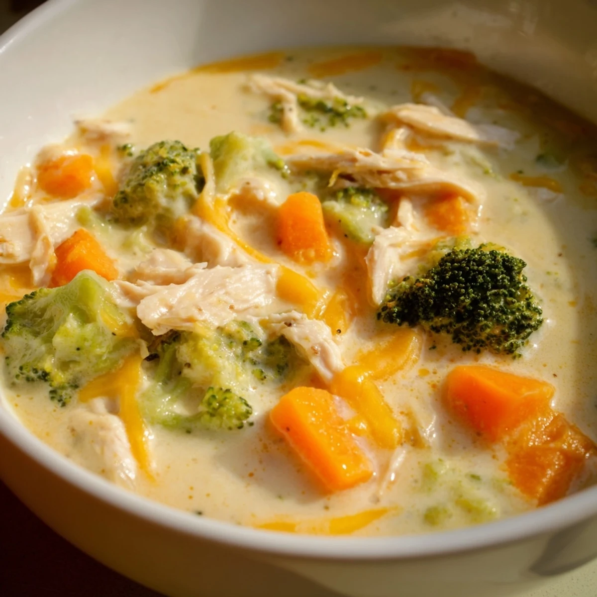 Tender chicken, bright broccoli florets, and melted cheddar cheese in a creamy soup.