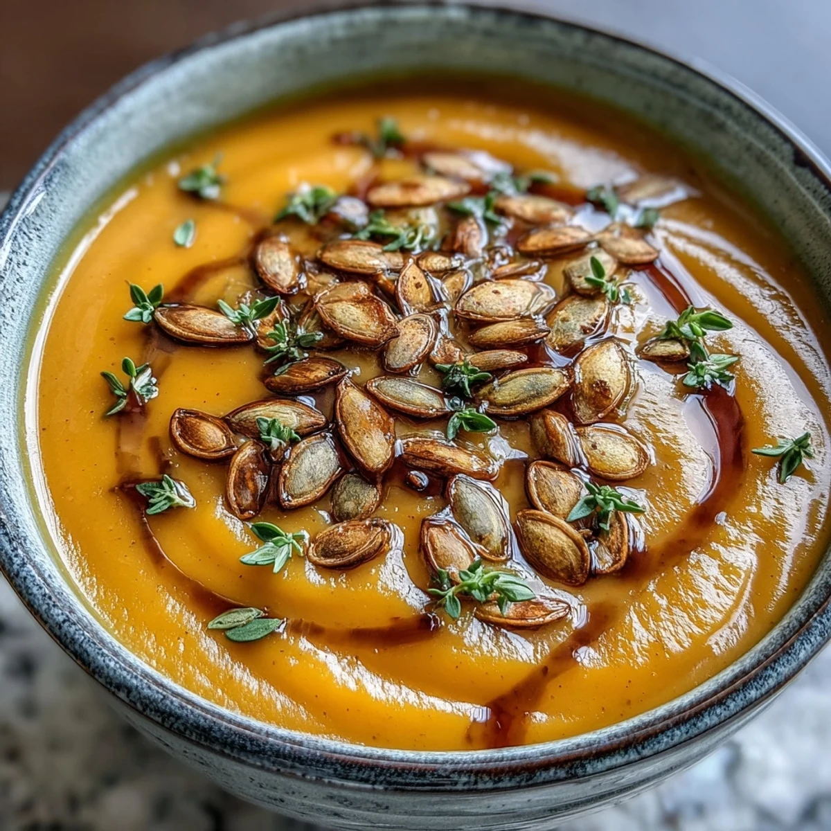 Velvety butternut squash soup with a maple syrup drizzle beside crusty bread for dipping.