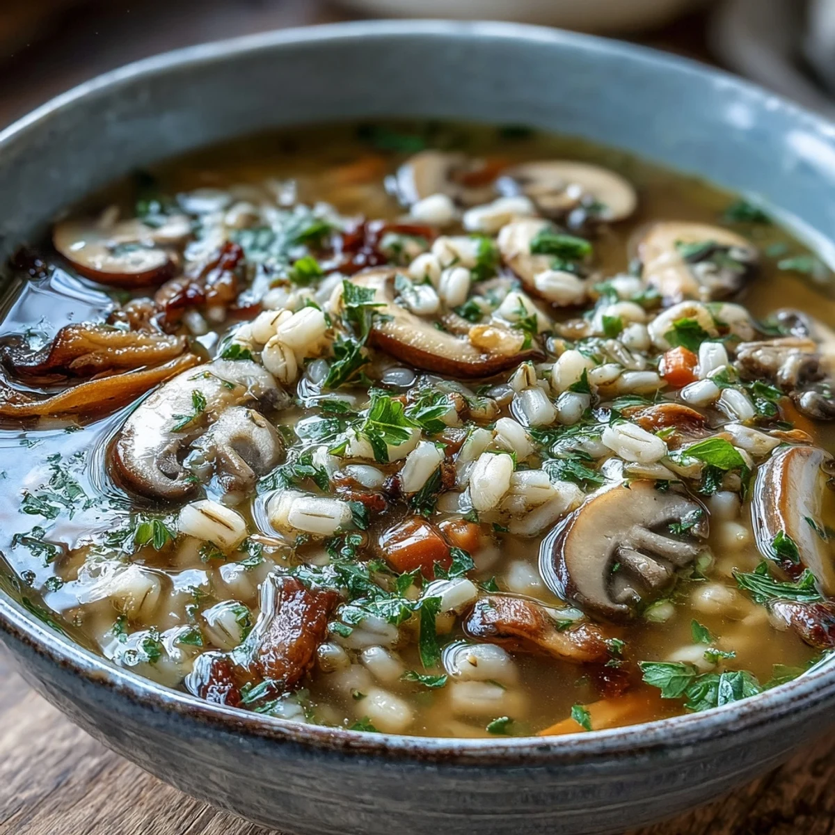 Close-up of Mushroom Barley Soup ladled into a white bowl, garnished with fresh herbs for a cozy meal.