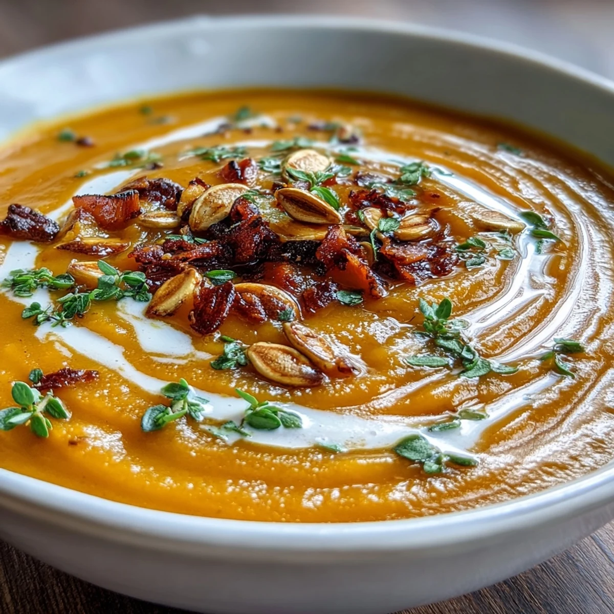 Roasted Butternut Squash Soup in a rustic bowl topped with toasted pumpkin seeds and fresh thyme.