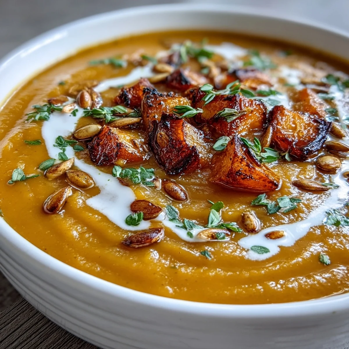 Creamy Roasted Butternut Squash Soup swirled with heavy cream, served hot alongside a crusty bread slice.