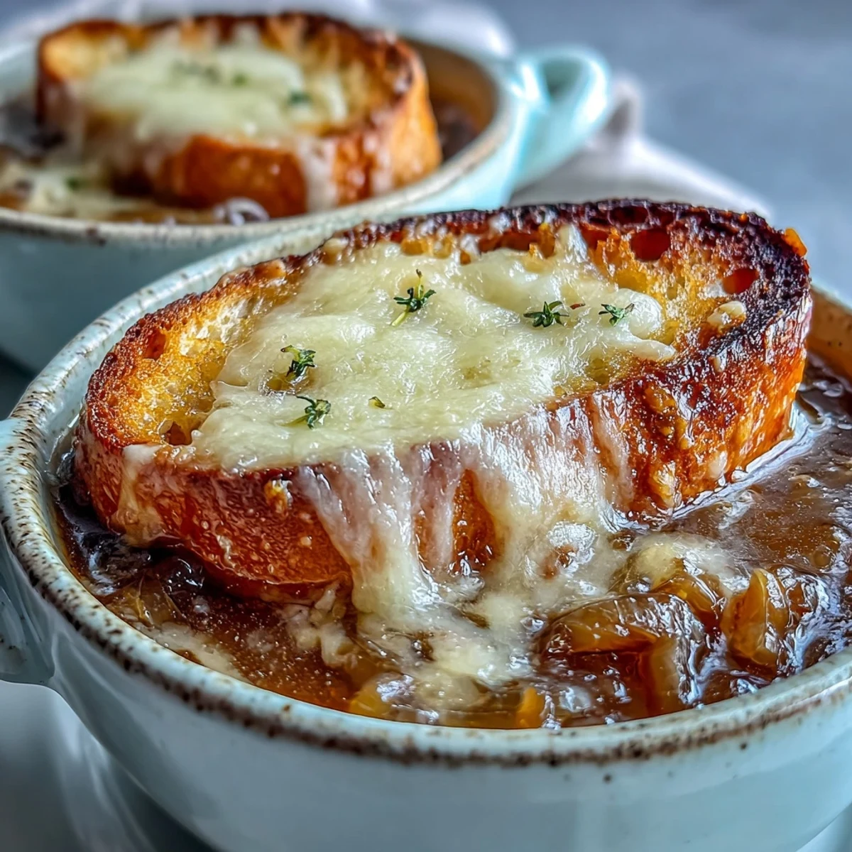 Classic French Onion Soup served in an oven-safe bowl, topped with toasted baguette slices and melted Gruyère cheese. 