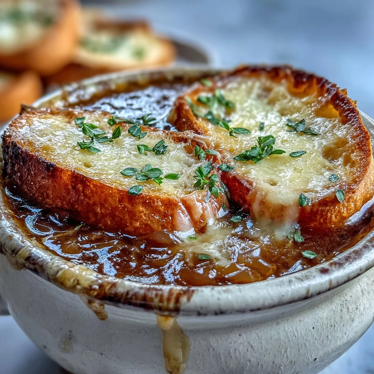 Golden brown caramelized onions simmer in rich beef broth, creating a savory base for this iconic French bistro soup.