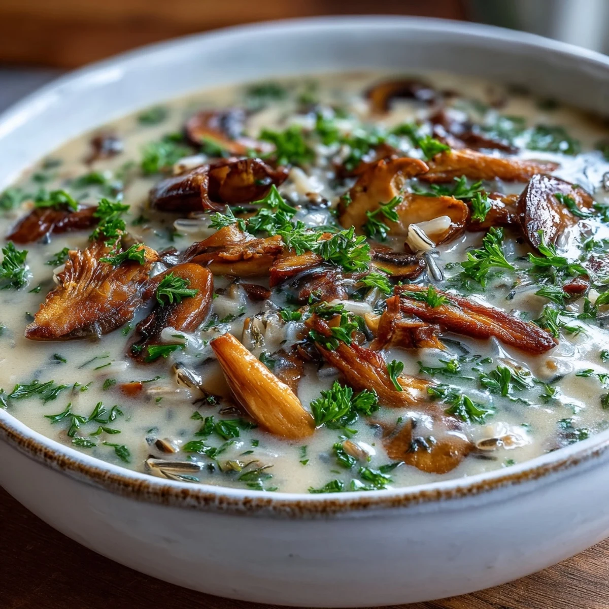 Creamy Wild Rice Mushroom Soup steaming in a white bowl, garnished with fresh parsley and served with a spoon.