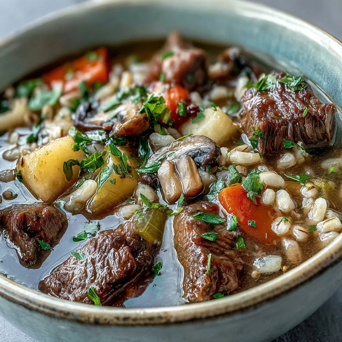 Steaming bowl of Beef and Barley Soup topped with fresh parsley and served with crusty bread.