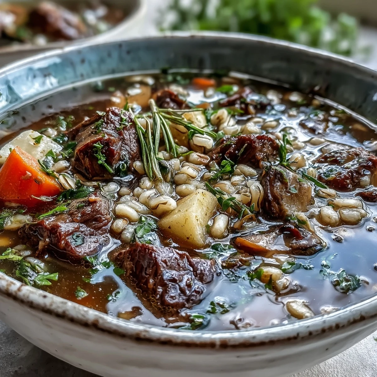 Hearty Beef and Barley Soup simmering in a pot with tender beef chunks, carrots, and pearl barley.