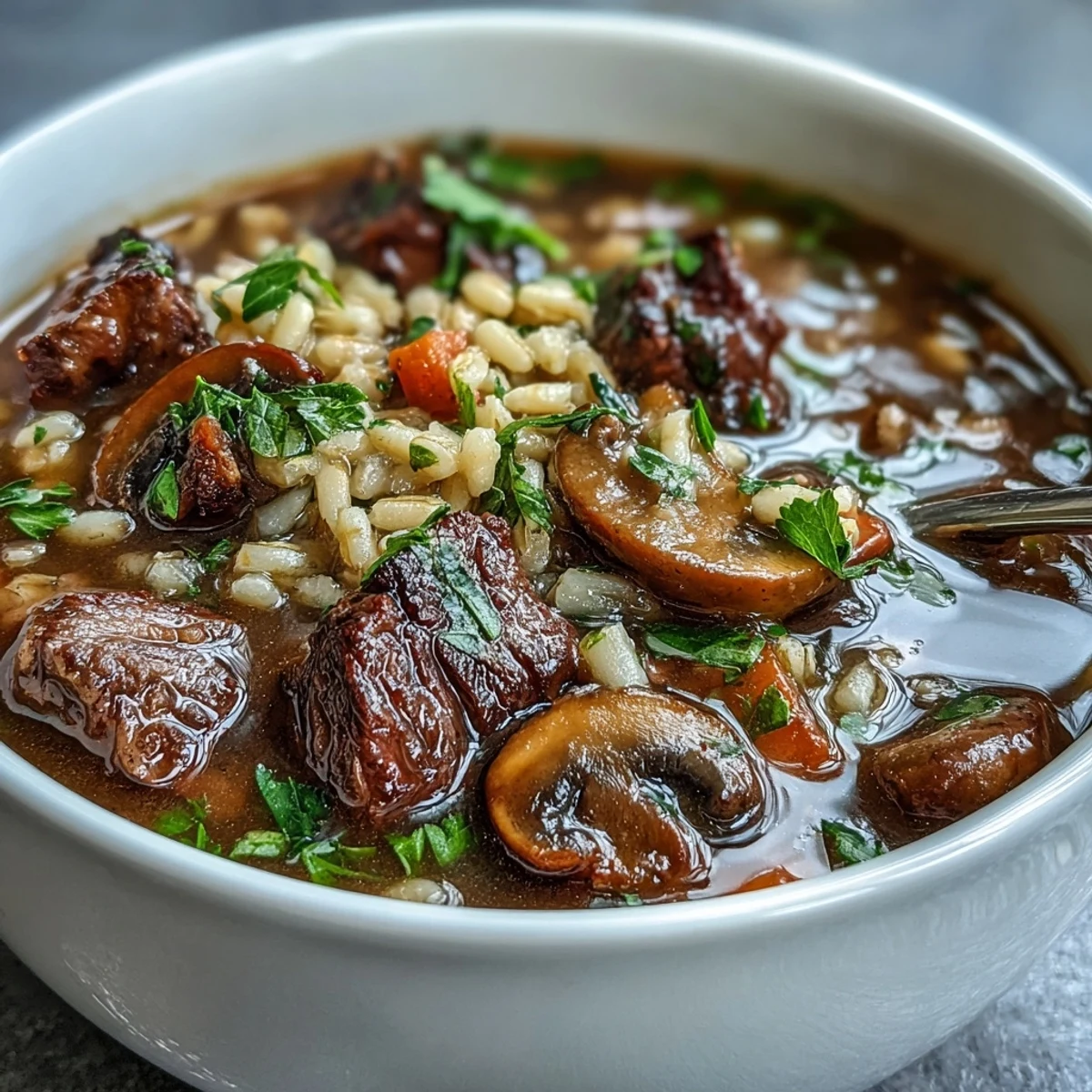 Steaming pot of homemade Beef and Barley Soup with Mushrooms, rich broth with carrots and celery in a Dutch oven.