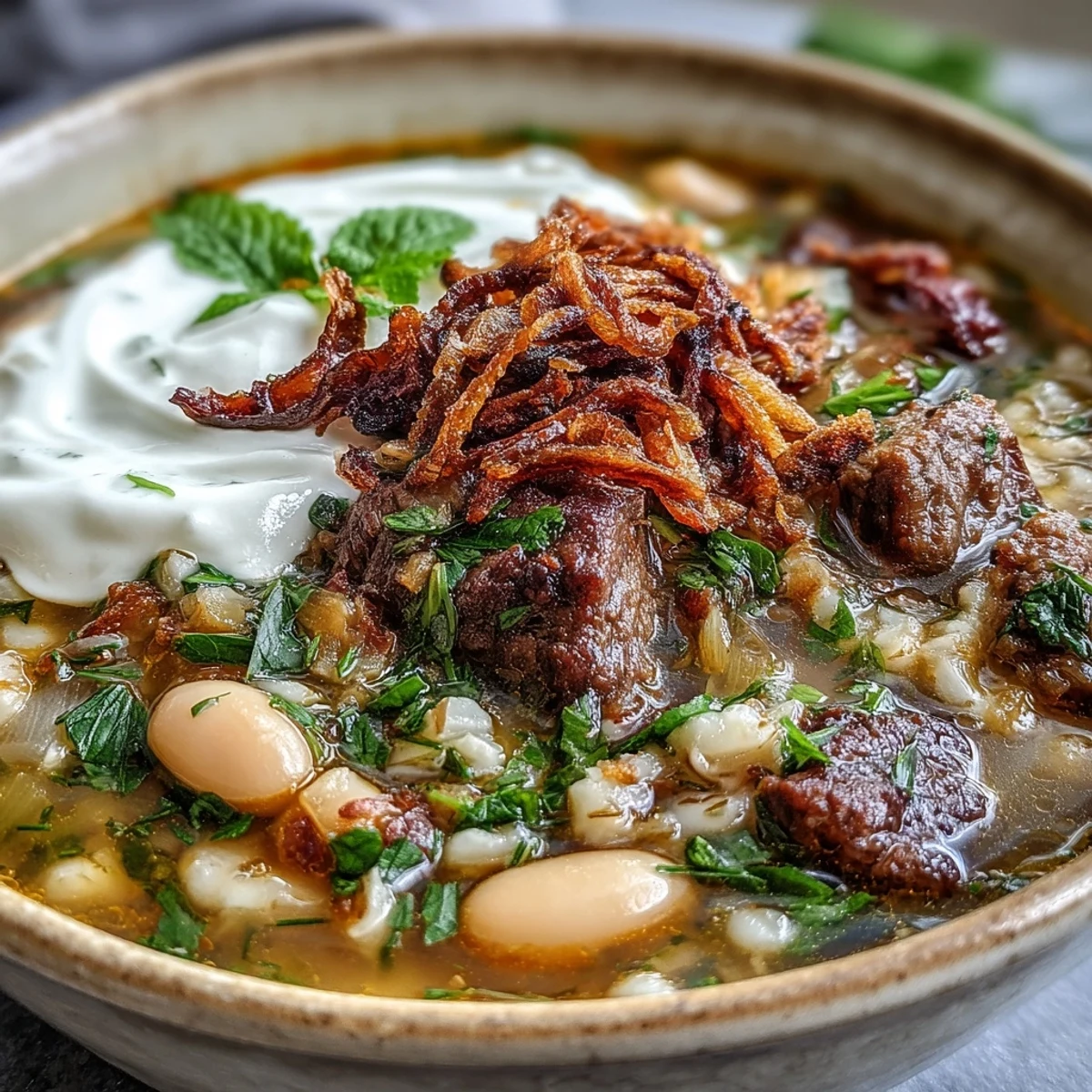 Aromatic Beef Barley Soup simmering with carrots and celery, garnished with sour cream and fried mint onions.