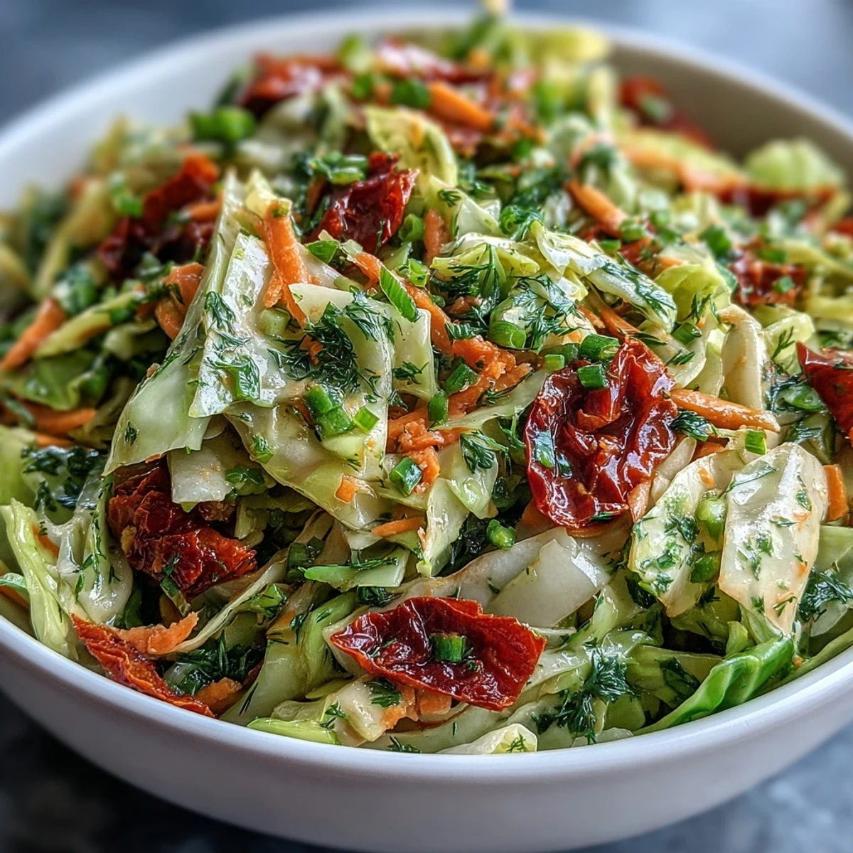 A vibrant bowl of Cabbage Salad With Sundried Tomatoes, tossed with fresh herbs and a glistening herby vinaigrette.