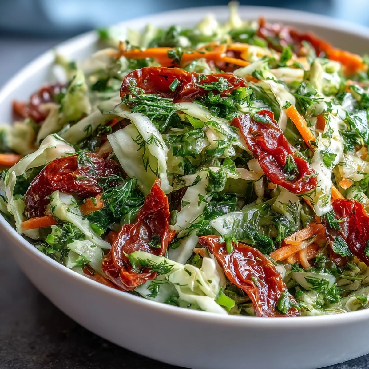 Fork-ready Cabbage Salad With Sundried Tomatoes, featuring crisp red and green cabbage ribbons alongside sweet sun-dried tomatoes.